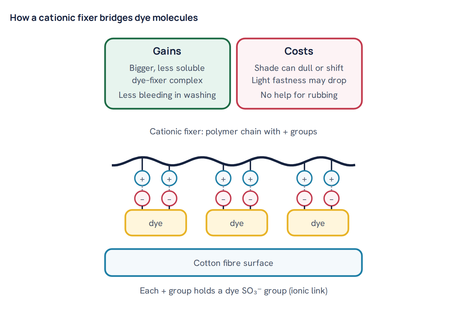 How a cationic fixer bridges dye molecules