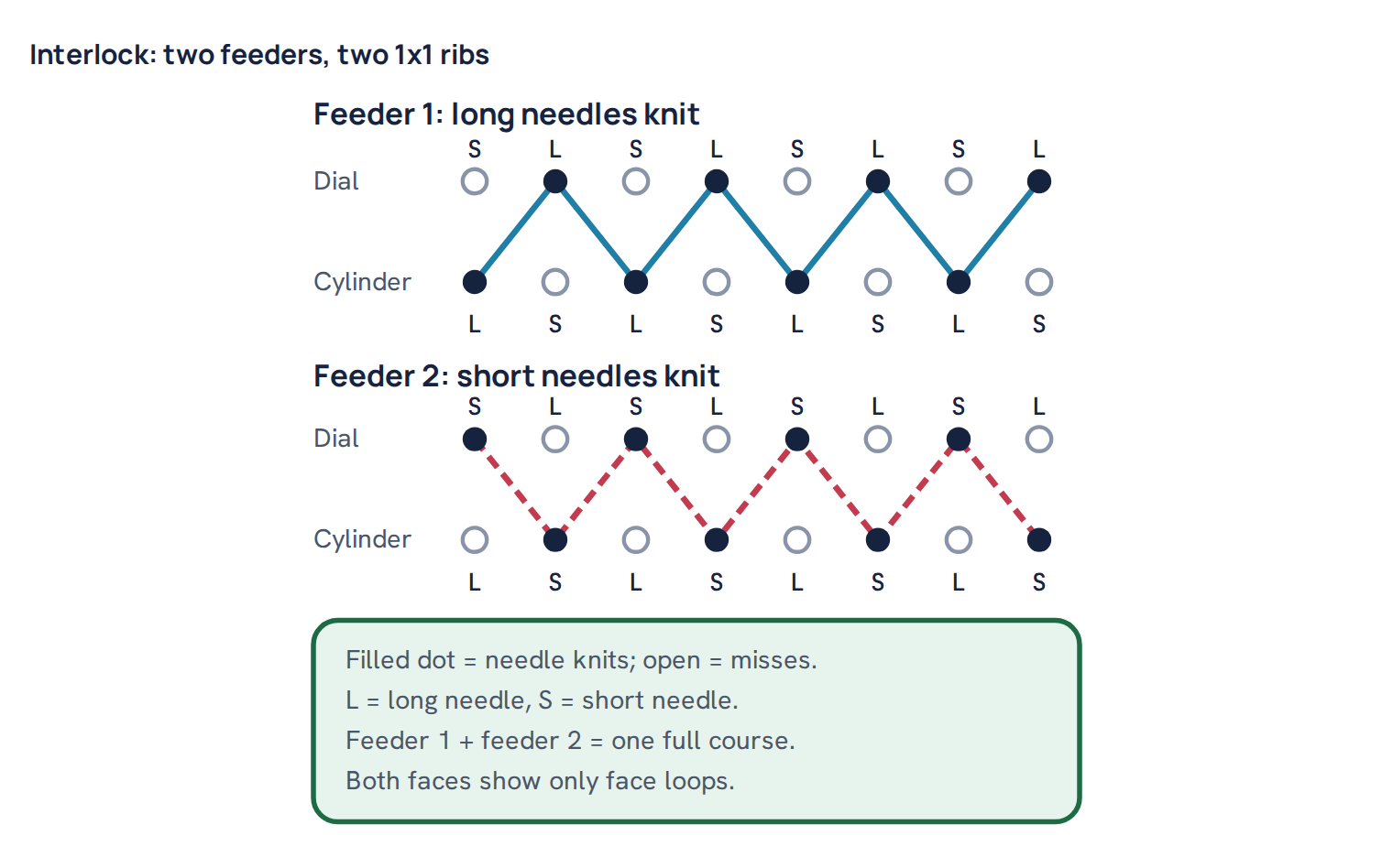 Interlock: two feeders, two 1x1 ribs