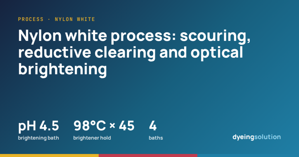 Nylon white process: scouring, reductive clearing and optical brightening