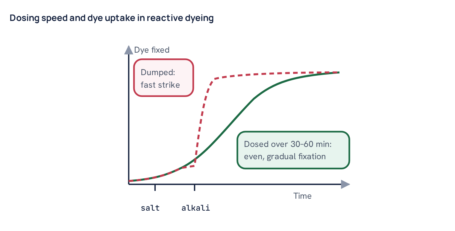 Dosing speed and dye uptake in reactive dyeing